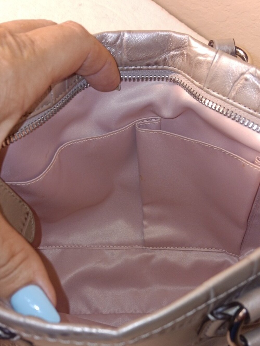 Coach Ashley Metallic Croc-Embossed Mini Tote Bag (F20344) in Silver - Picture 14 of 16